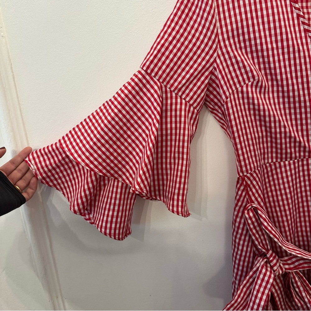 Red Gingham Ruffle Wrap Dress - Picture 3 of 5